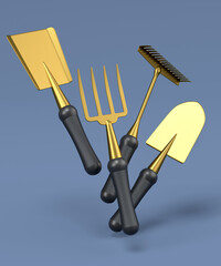 Garden shovel, pitchfork and rake on grey background, summer camping concept