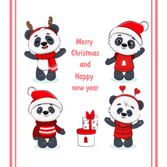 Cute cartoon panda Isolated on white. Christmas  Illustration for design, banners, children's books and patterns.Vector illustration