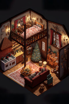 3d Rendering Living Room Isometric Interior, Open View. Cozy Christmas Atmosphere In A Warm Home. Holiday Decoration, Nice Dollhouse. New Year's Design.Generative AI