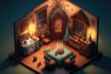 Generative AI living room isometric interior, open view. Cozy Christmas atmosphere in a warm home. Holiday decoration, nice dollhouse. New Year's design.