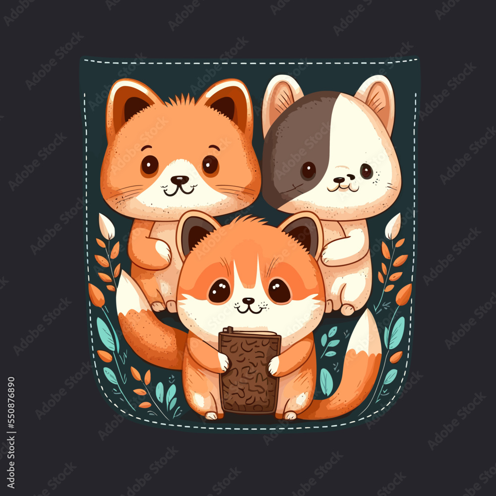 Sticker cute little kittens and other animals in a fabric pocket, bag vector illustration