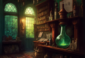 Naklejka premium Alchemist office, fantasy illustration of laboratory, wizard's office