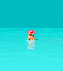 Woman in a Pink Striped Summer Hat Submerged Turquoise Blue Ocean Summer Holiday Tropical Paradise 3d illustration render	