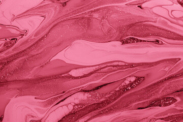Abstract sparkling viva magenta background. Close up nail polish texture. Color trend year 2023.