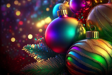 Obraz premium Luxury concept of Christmas decoration balls and ornaments on dark background. Close up shot, blurred background. Neon cyber lights. Elegant New Year's creative concept.