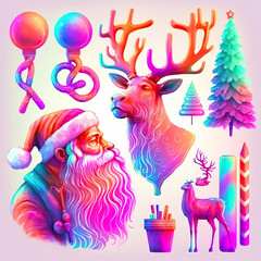 Modern Christmas motifs and symbols in neon pink colors on white background. Santa Claus, reindeer, New Year trees. Illustration design template. New Year creative concept.