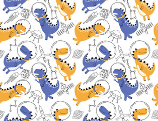 Seamless pattern with cute dinosaurs in space.  Fabric design. Wallpaper. Space dinosaurs. Lizard.
