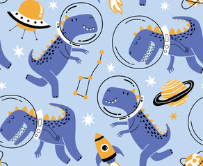 Cute space pattern with dino astronauts. Seamless white vector cosmic print with dinosaurs for baby boys. © andin