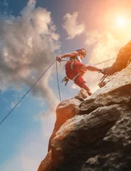 Muscular climber man in protective helmet abseiling from cliff rock wall using rope Belay device and climbing harness on evening sunset sky background. Active extreme sports time spending concept. © Soloviova Liudmyla