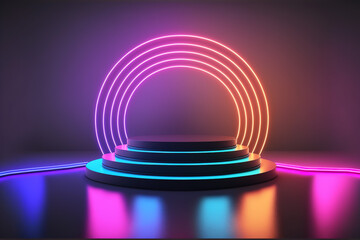 Obraz premium Cyber, club atmosphere party, neon ​​light circles, purple color on a black background. Cyberpunk futuristic Illustration with copy space.