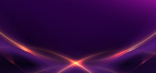 Luxury dark purple background with golden line curved and lighting effect sparkle.