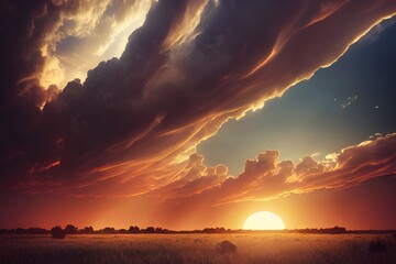 Obraz premium Tranquil sunset over a field. Great photo to show hope, peaceful view, travel and more. 