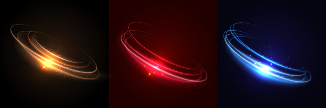 Set of light blue, gold, red, spiral glowing neon lighting and sparkle frame design background with copy space for text.