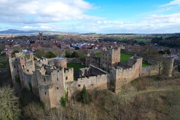 Fototapeta na wymiar Ludlow Castle and town in Shropshire England drone aerial footage.