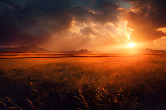 Tranquil sunset over a field. Great photo to show hope, peaceful view, travel and more. 