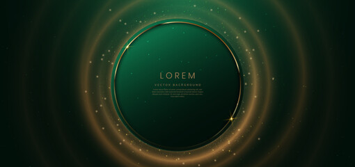Gold circle frame luxury on green elegant background with lighting effect and sparkle with copy space for text.