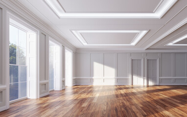 Classical renovated interior with classic big windows and wooden floor