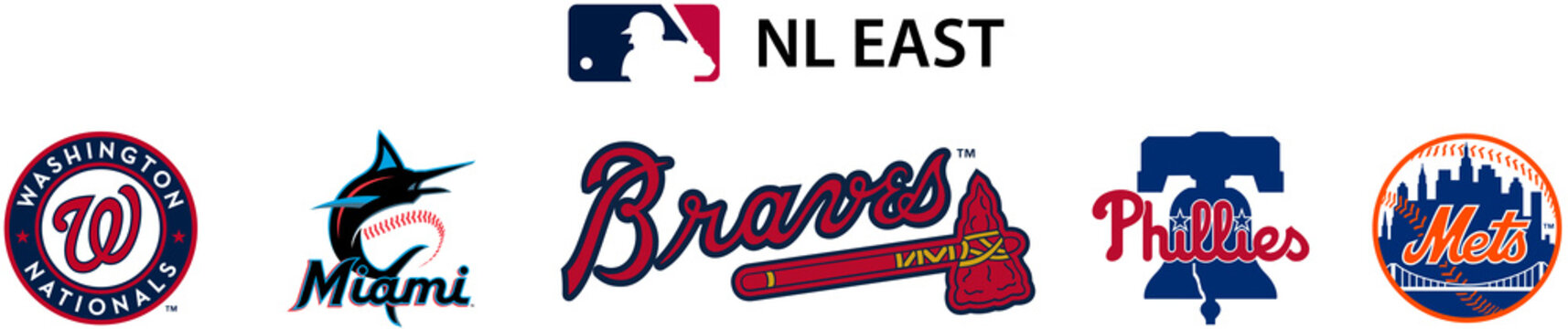 Major League Baseball MLB. National League NL. NL East. New York Mets, Philadelphia Phillies, Atlanta Braves, Miami Marlins, Washington Nationals. Kyiv, Ukraine - Dec 3, 2022