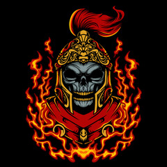 skull roman helmet vector illustration design with combined fire background