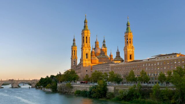 Zaragoza, panorama city landscape at sunset- Aragon in Spain