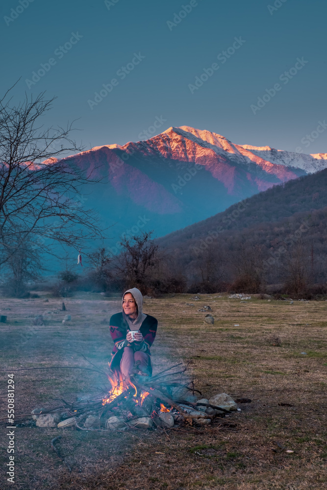 Wall mural van life girl.camping fire