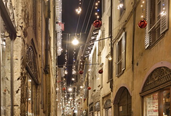 Piazza Vecchia Bergamo alta with christmas decorations, Lombardy, Italy 