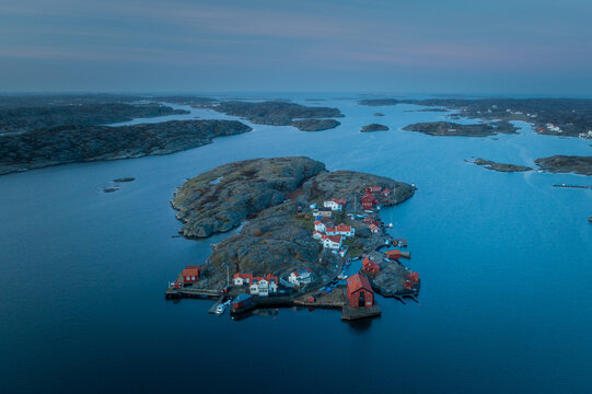 Aerial view of a blue hour over an Island in the Gothenburg Archipelago, Sweden,