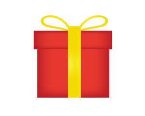 Red gift box with yellow ribbon and bow on white background