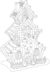 Fototapeta premium Cartoon cute gingerbread house with candy sketch template. Christmas vector illustration of cookie home in black and white for games. Children's story book, fairytail, coloring paper, page, print