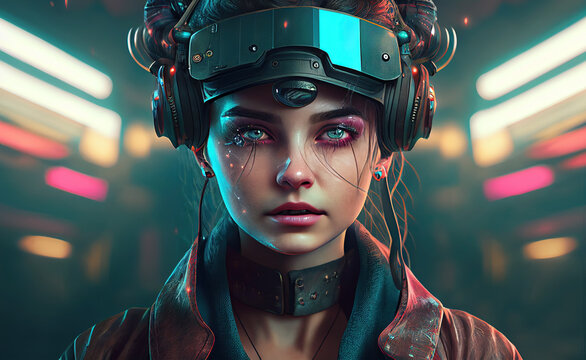 Premium Photo  Cyberpunk woman portrait with vr headset in high