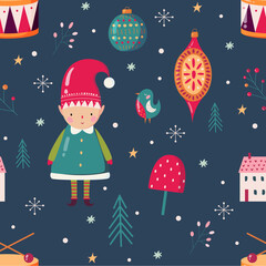 colorful Christmas pattern with cute elf and winter stuff for wrapping paper