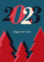 2023 new year greeting card. 2023 new year banner template for cover, poster and media post. Xmas minimal banner design with tree