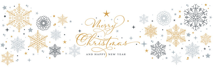 Merry Christmas and happy new year banner in english with stars and snow crystals in three colors, gold, light gray and blue gray
