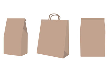 Shopping bag mockup set. Paper package isolated on white background. Realistic craft paper bag mockup.