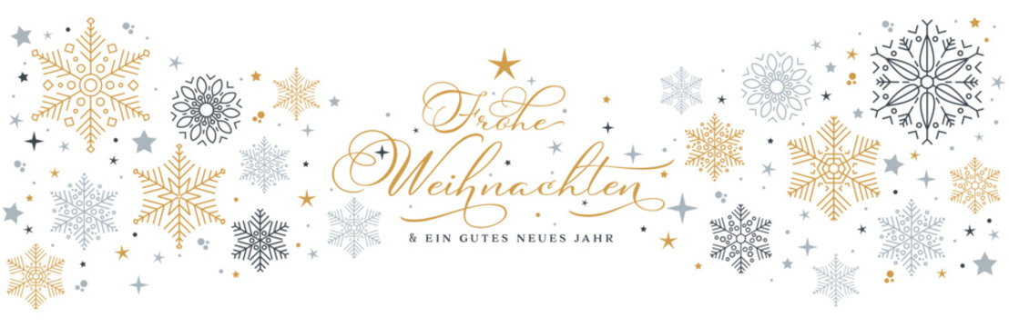 Banner für frohe Weihnachten und ein gutes neues Jahr auf Deutsch mit Sternen und Schneekristallen in drei Farben, Gold, Hellgrau und Blaugrau