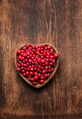 Picking fresh ripe red cranberries in plate on rustic wooden table close up. seasonal wild berries, Antioxidant vitamin organic superfood. top view