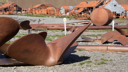 Old, rusted, shop prop at a maintenance facility on an old whaling station at Stromness, South...