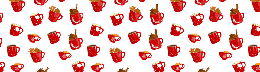 seamless pattern with Christmas holiday coffee mug. Cocoa with marshmallows, winter warming drinks and hot espresso cup. Xmas hot chocolate mugs or winter cappuccino and latte cups