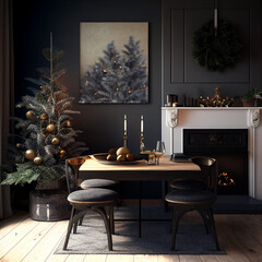 Living Room Interior with Christmas Decorations and Table setting