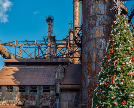 Rusting Steel Stacks Of The Bethlehem Steel Works Decorated For The Christmas Holidays