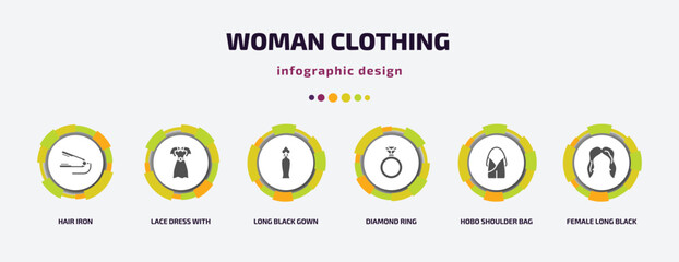 woman clothing infographic element with filled icons and 6 step or option. woman clothing icons such as hair iron, lace dress with belt, long black gown, diamond ring, hobo shoulder bag, female long