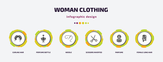 woman clothing infographic element with filled icons and 6 step or option. woman clothing icons such as curling hair, perfume bottle, needle, scissors inverted view, parfume, female long hair