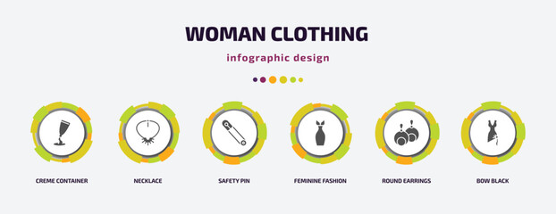 woman clothing infographic element with filled icons and 6 step or option. woman clothing icons such as creme container black, necklace, safety pin, feminine fashion, round earrings, bow black