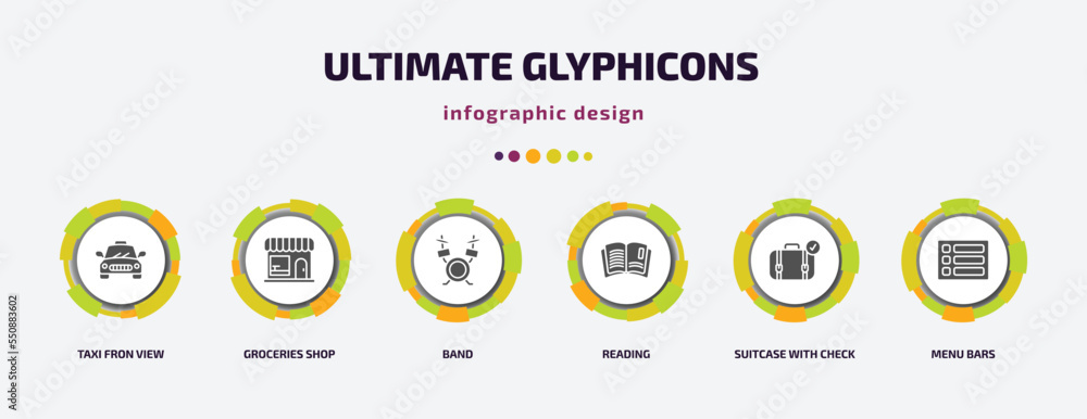 Poster ultimate glyphicons infographic element with filled icons and 6 step or option. ultimate glyphicons 