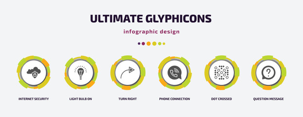 ultimate glyphicons infographic element with filled icons and 6 step or option. ultimate glyphicons icons such as internet security, light bulb on, turn right, phone connection, dot crossed,