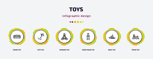 toys infographic element with filled icons and 6 step or option. toys icons such as piano toy, kite toy, spinner toy, teddy bear boat train vector. can be used for banner, info graph, web.