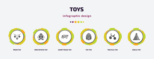 toys infographic element with filled icons and 6 step or option. toys icons such as pram toy, mrs potato toy, dump truck toy, tricycle circle vector. can be used for banner, info graph, web.