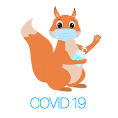 Covid 19 sign cartoon character squirrel wearing mask with sanitiser