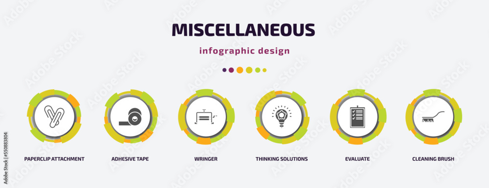 Poster miscellaneous infographic element with filled icons and 6 step or option. miscellaneous icons such a