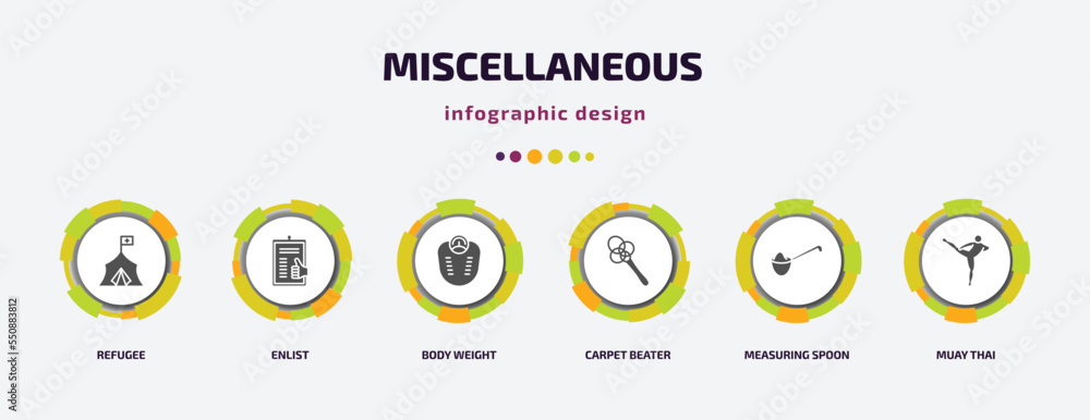Poster miscellaneous infographic element with filled icons and 6 step or option. miscellaneous icons such a